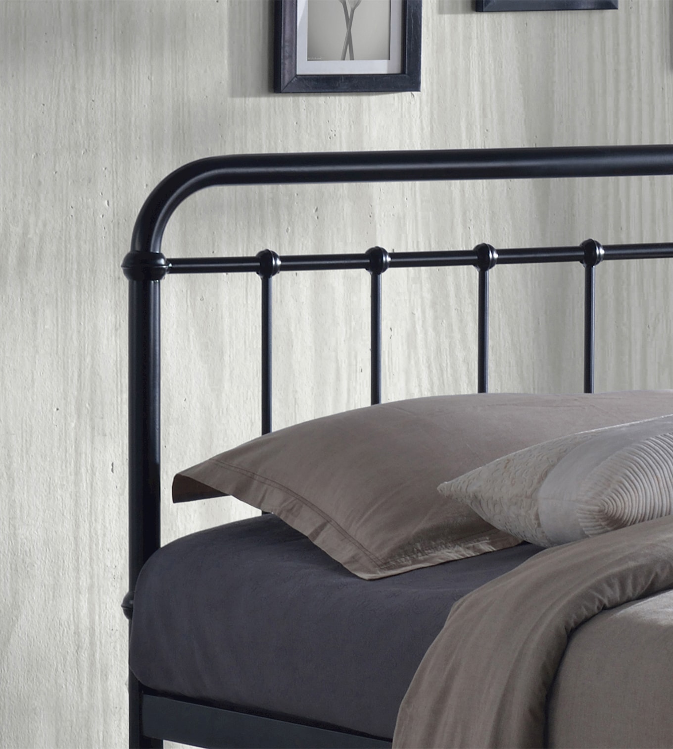 Close up of metal bed in bedroom setting