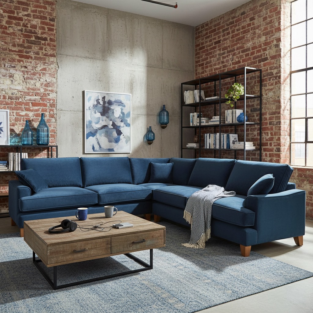 Thea Corner Sofa Thea Bespoke Corner Sofa in Blue Velvet in a Living Room
