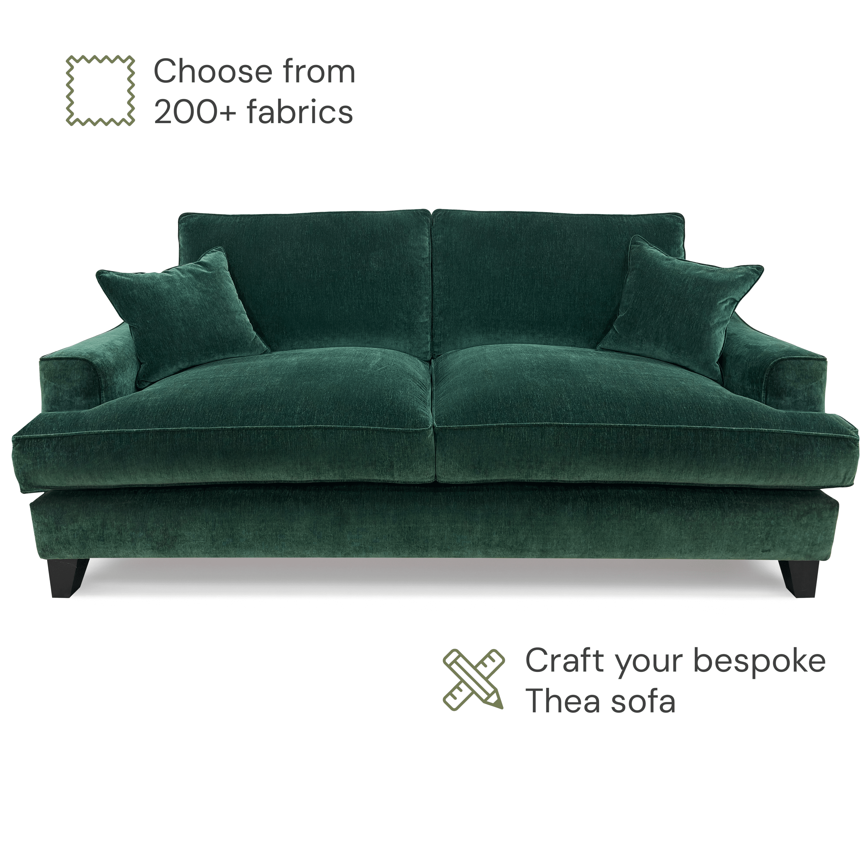 Bespoke green velvet sofa on a white background
