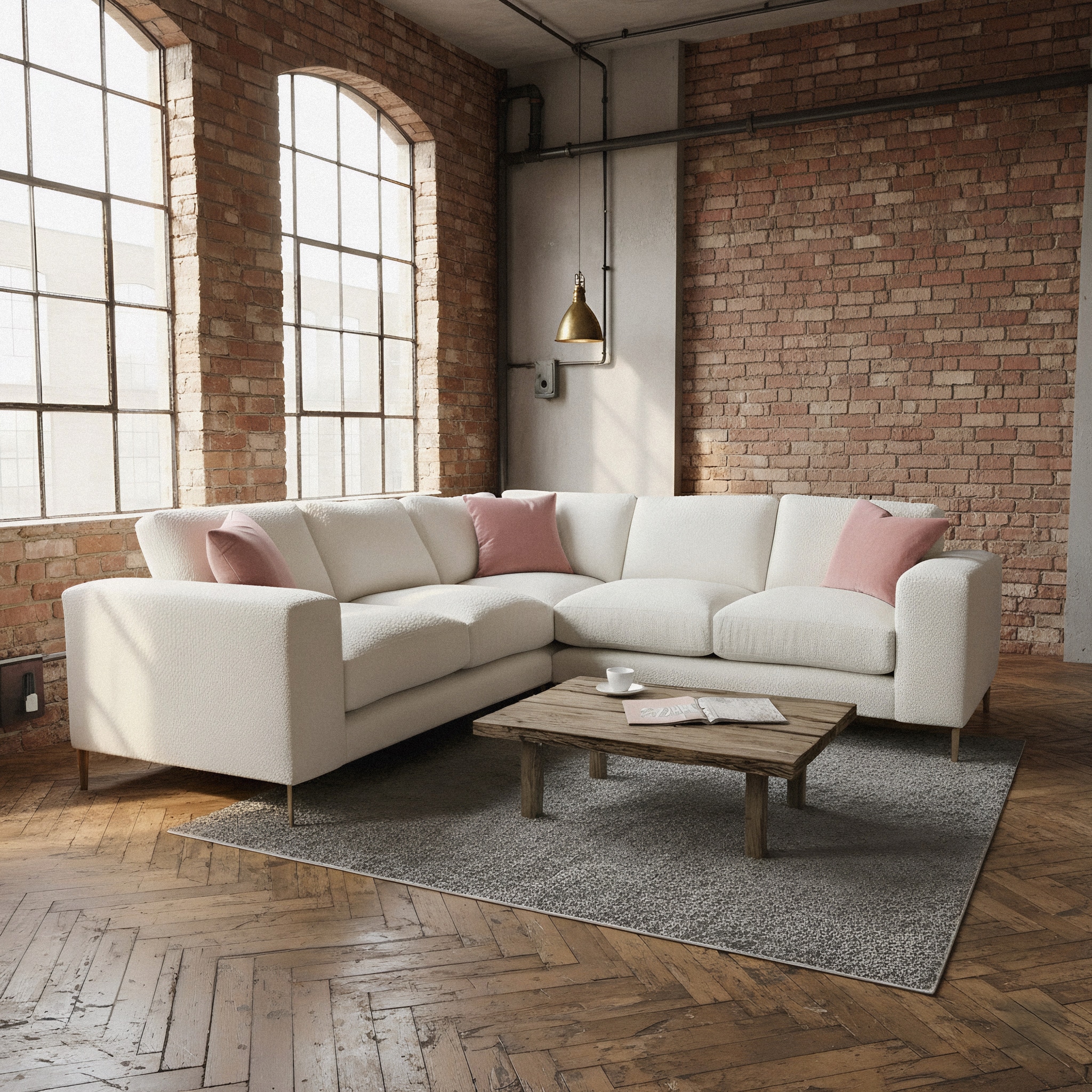 Bespoke grey velvet corner sofa in living room