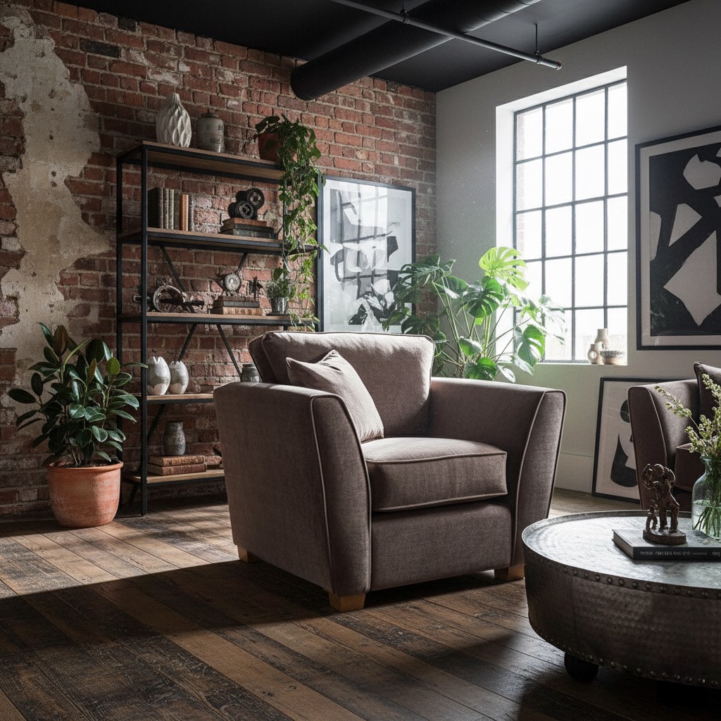 Bespoke armchair in a brown velvet in a living room