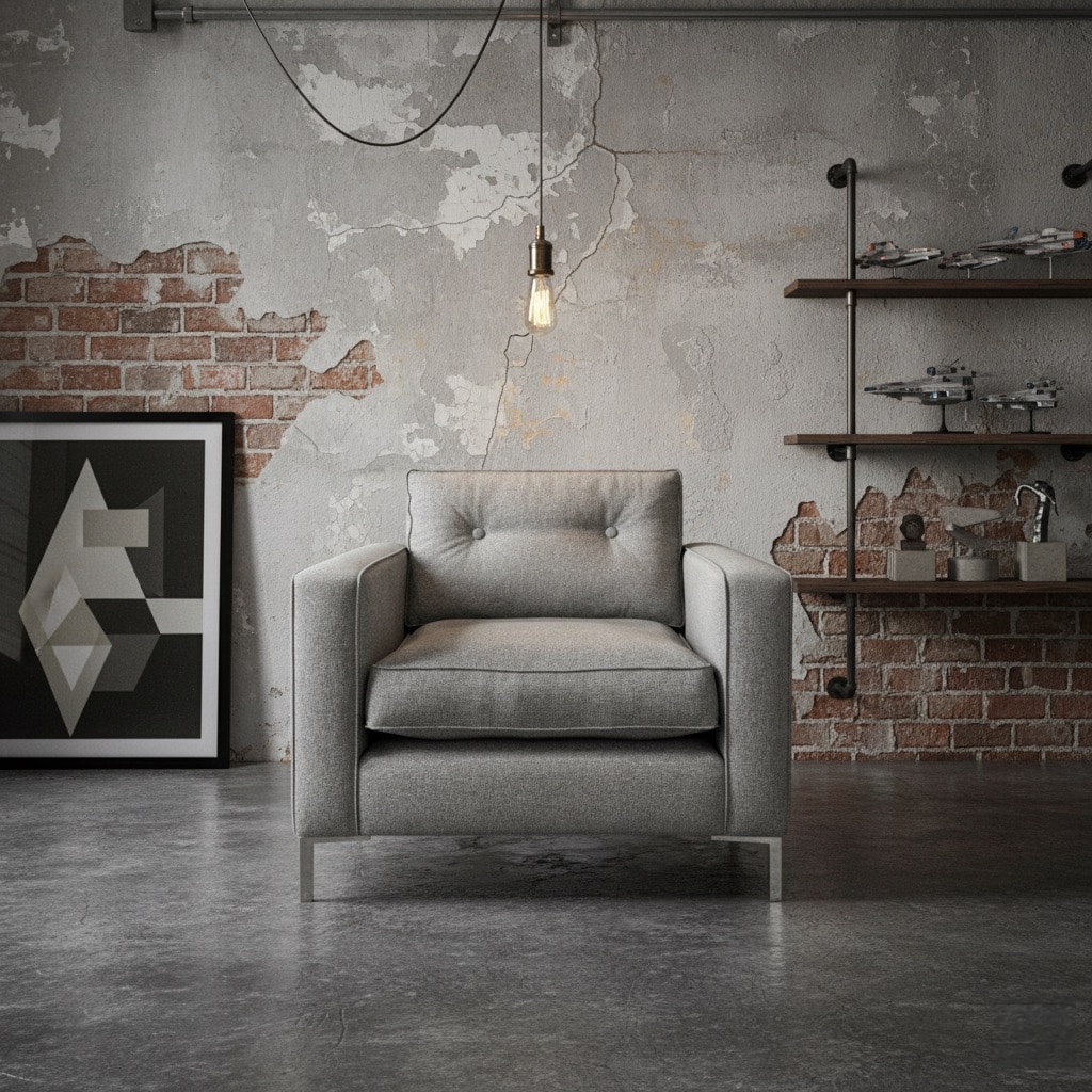 Bespoke armchair in grey linen in a living room 