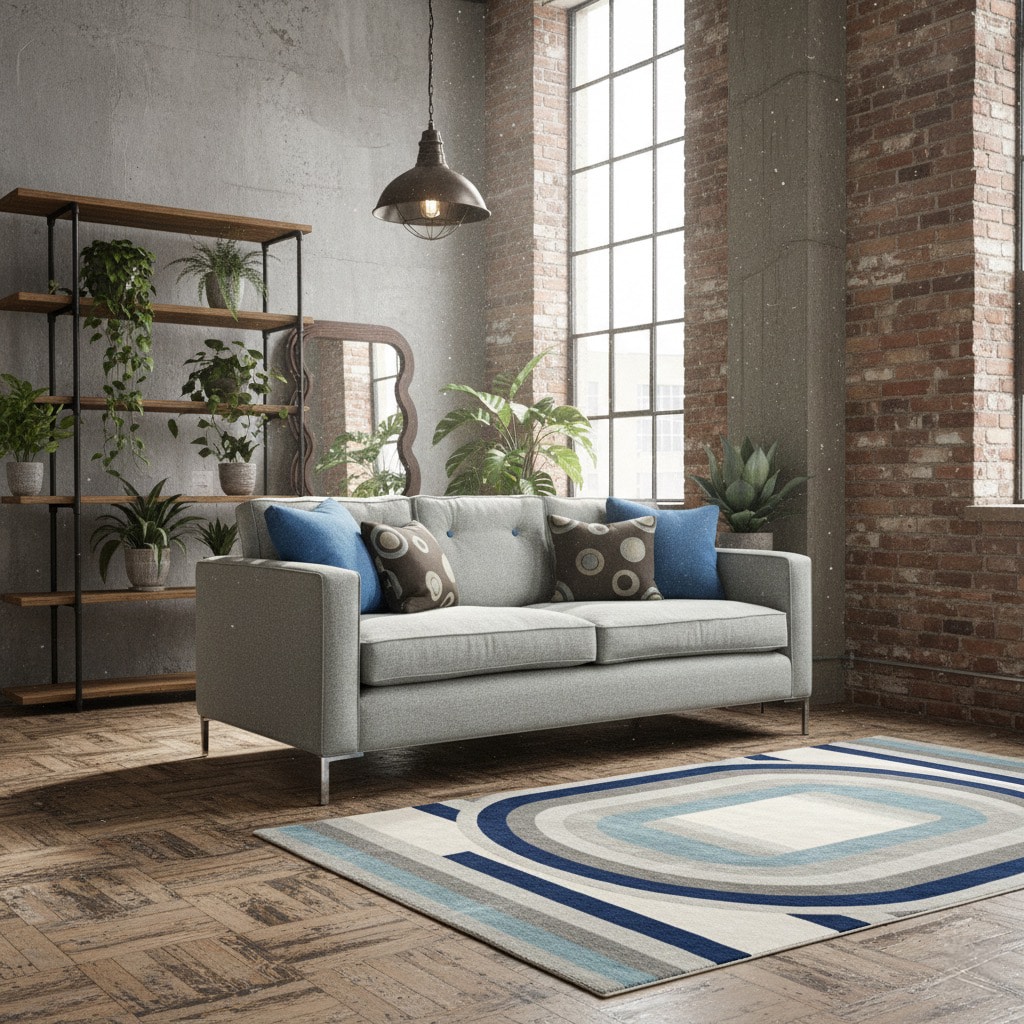Bespoke grey weave sofa in a living room with plants and a rug