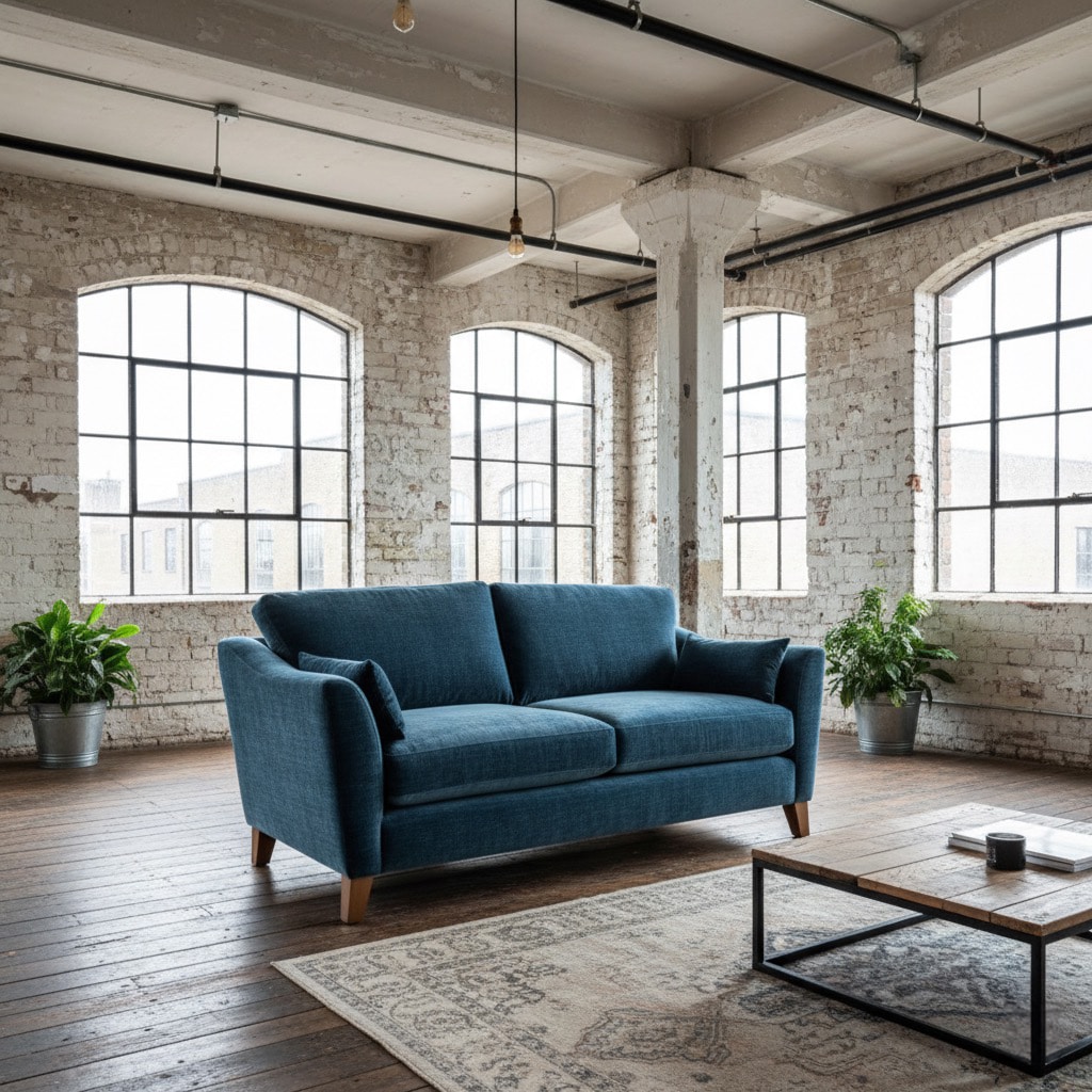 Bespoke blue velvet sofa in living room