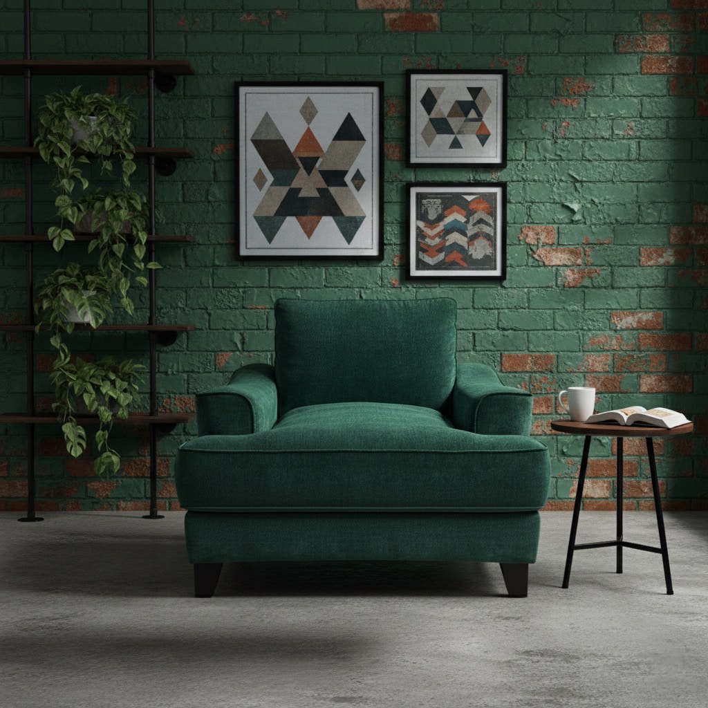 Spoke arm hair in green velvet in a living room with green walls and a shelf with plants