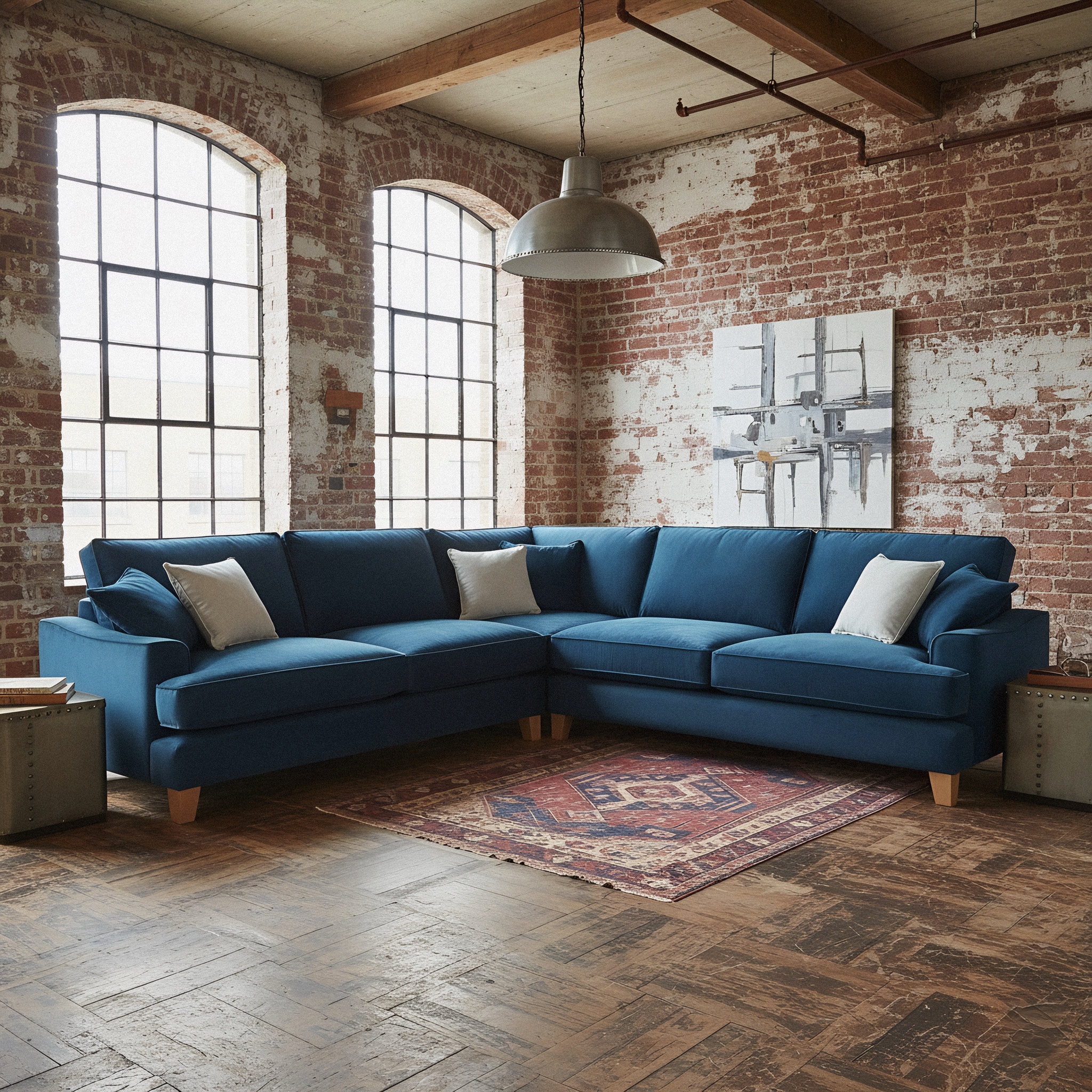 Bespoke blue velvet corner sofa in living room