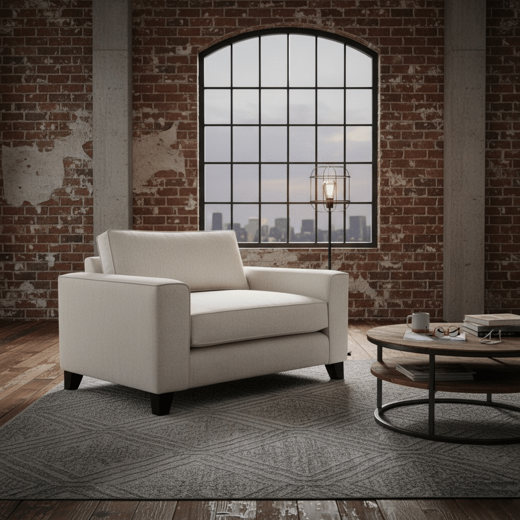 Theo Love Chair Bespoke love chair in white linen in living room