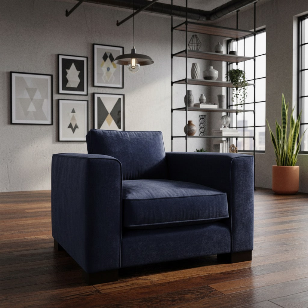 Bespoke armchair in navy blue velvet in a living room
