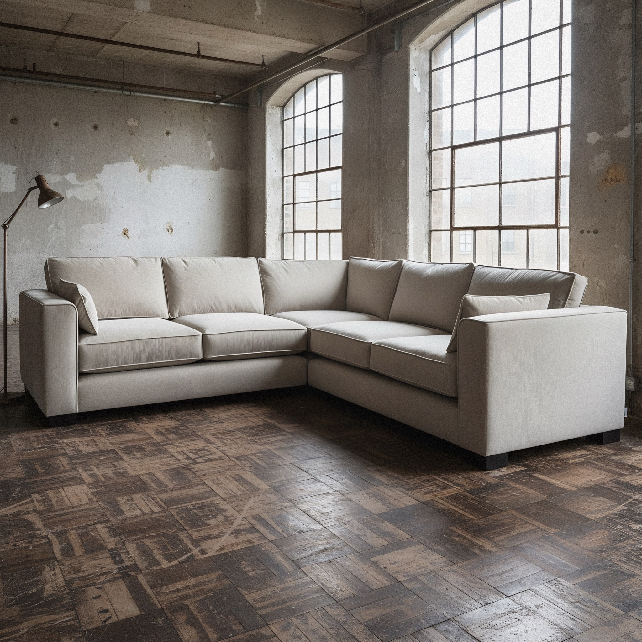 Bespoke grey velvet corner sofa in living room