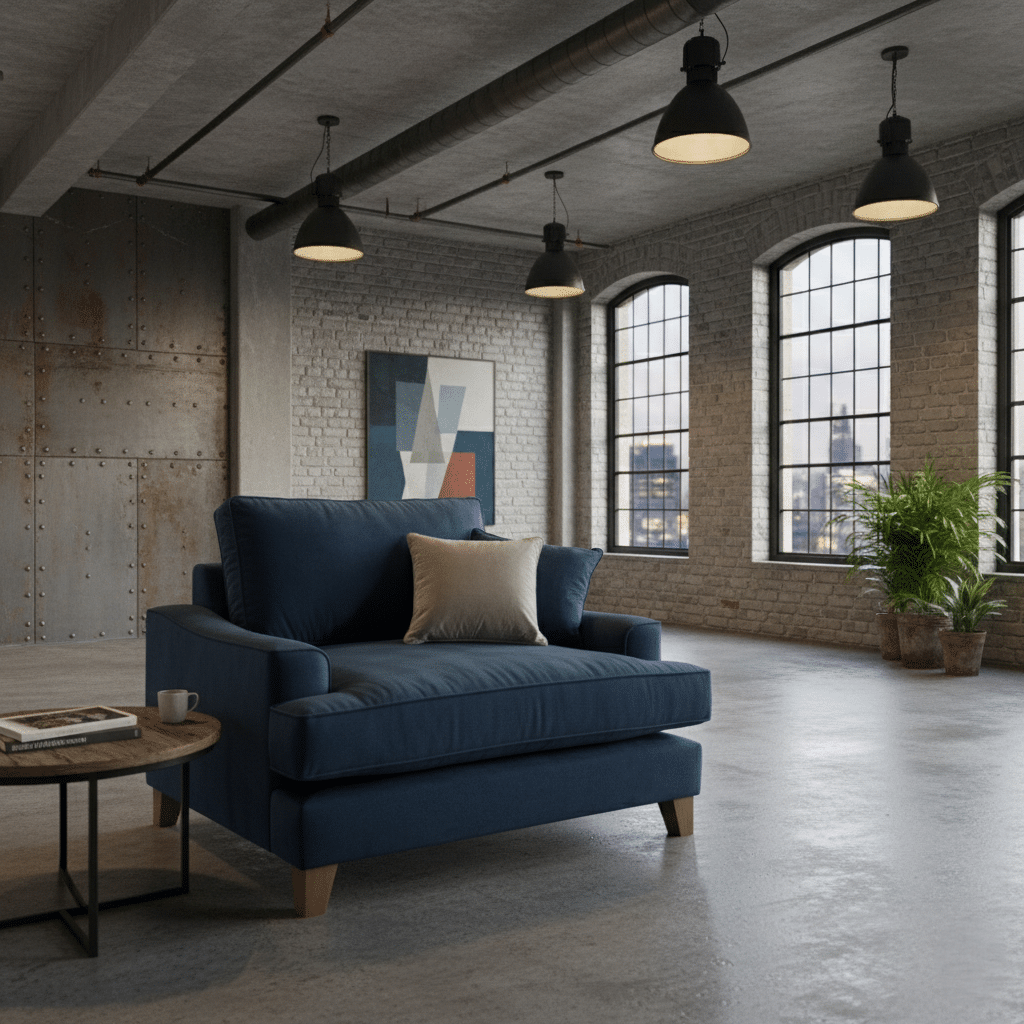 Thea Love Chair  Bespoke love chair in blue velvet in living room