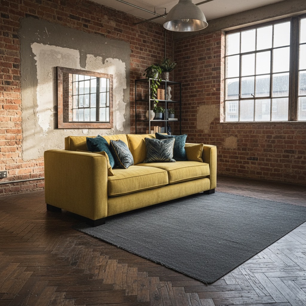 Bespoke yellow velvet sofa in living room