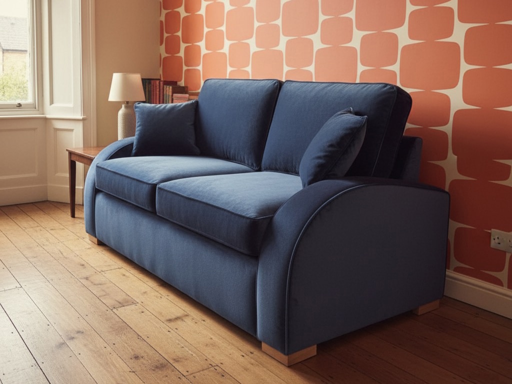 Bespoke blue velvet sofa in living room