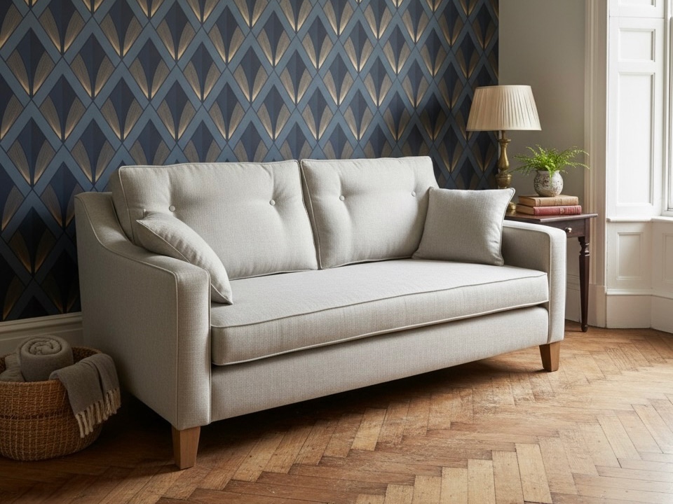 Bespoke beige linen sofa in living room