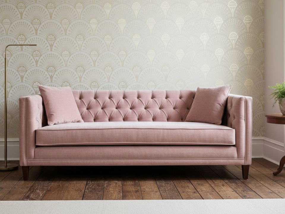 Bespoke pink velvet sofa in living room