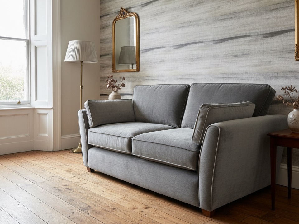 Bespoke grey velvet sofa in living room