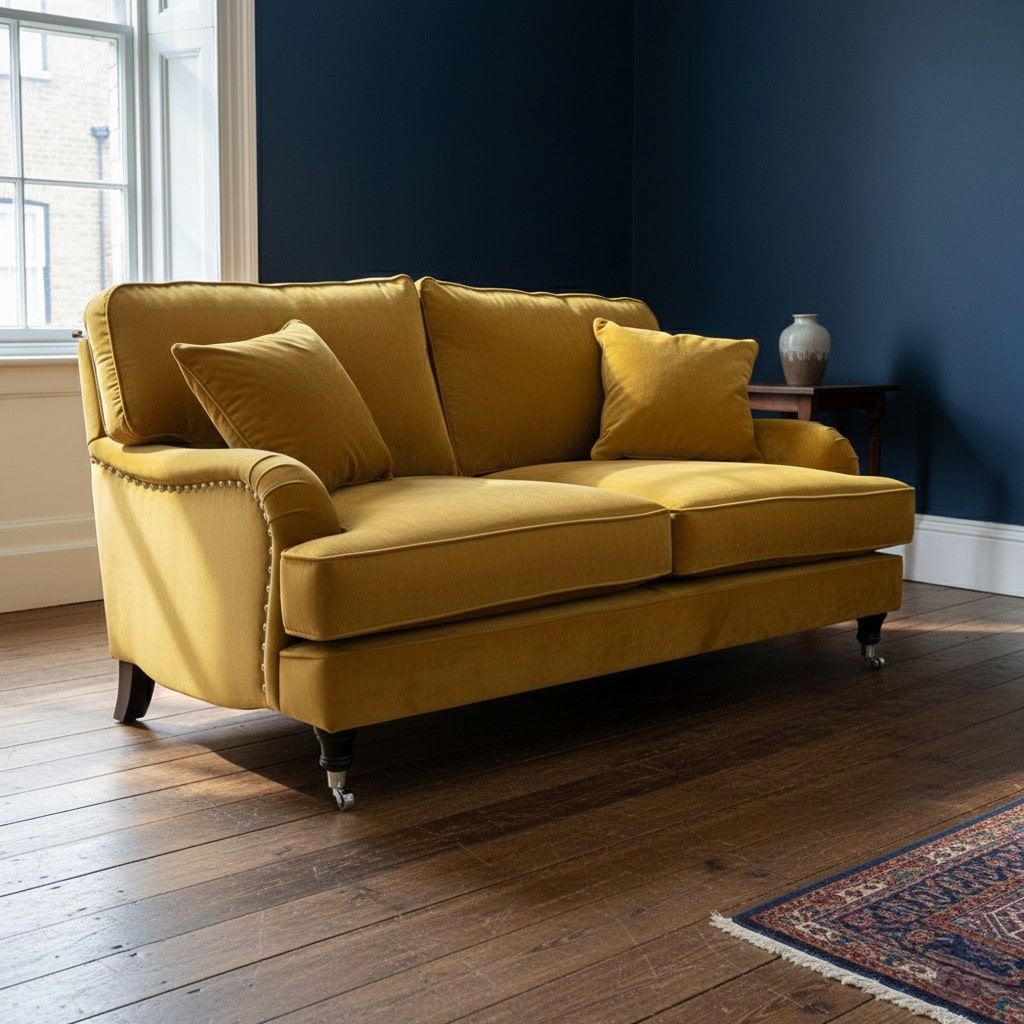 Bespoke mustard velvet sofa in living room