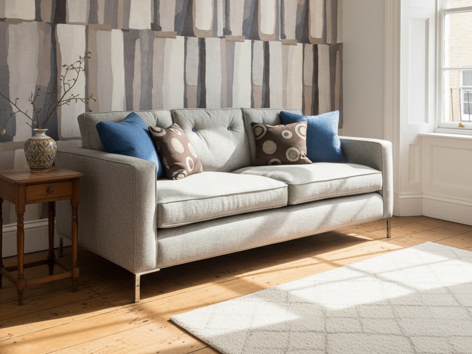 Bespoke grey linen sofa in living room
