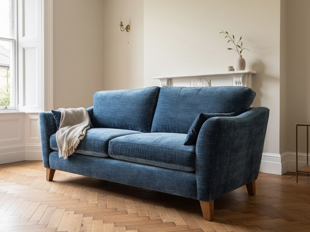 Bespoke blue velvet sofa in living room