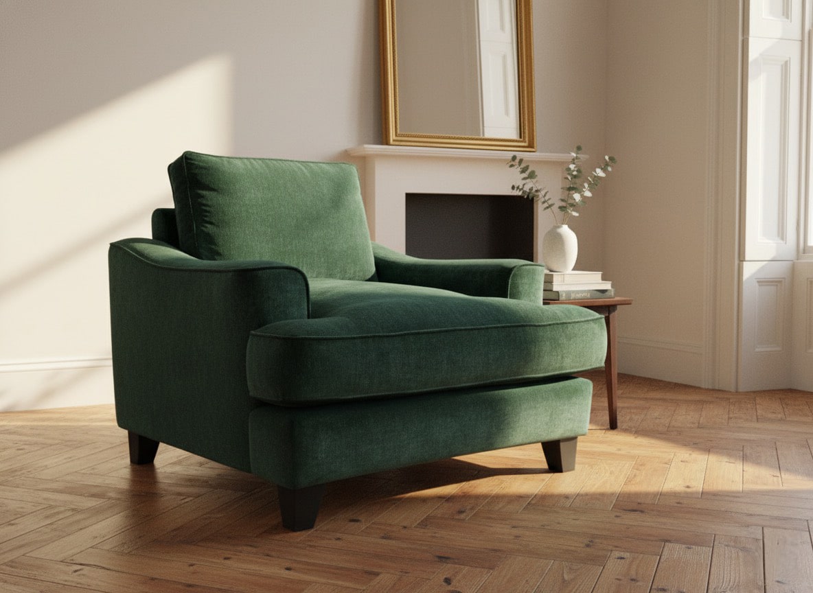 Thea Chair Bespoke green velvet chair in living room