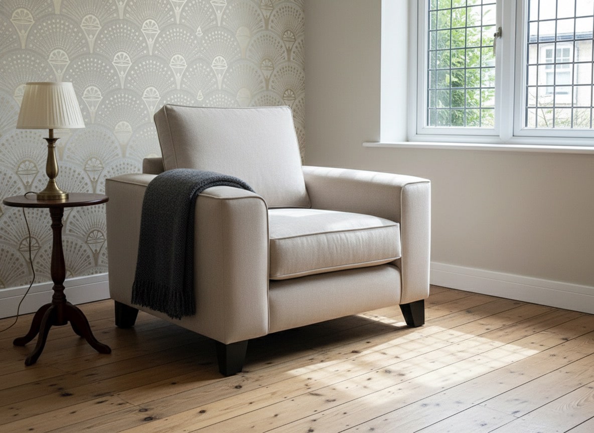 Theo Chair Bespoke white linen chair in living room