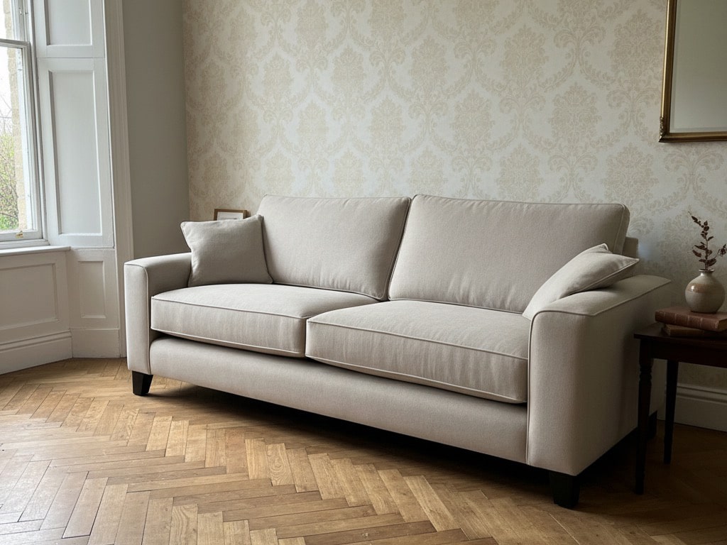 Bespoke cream linen sofa in living room