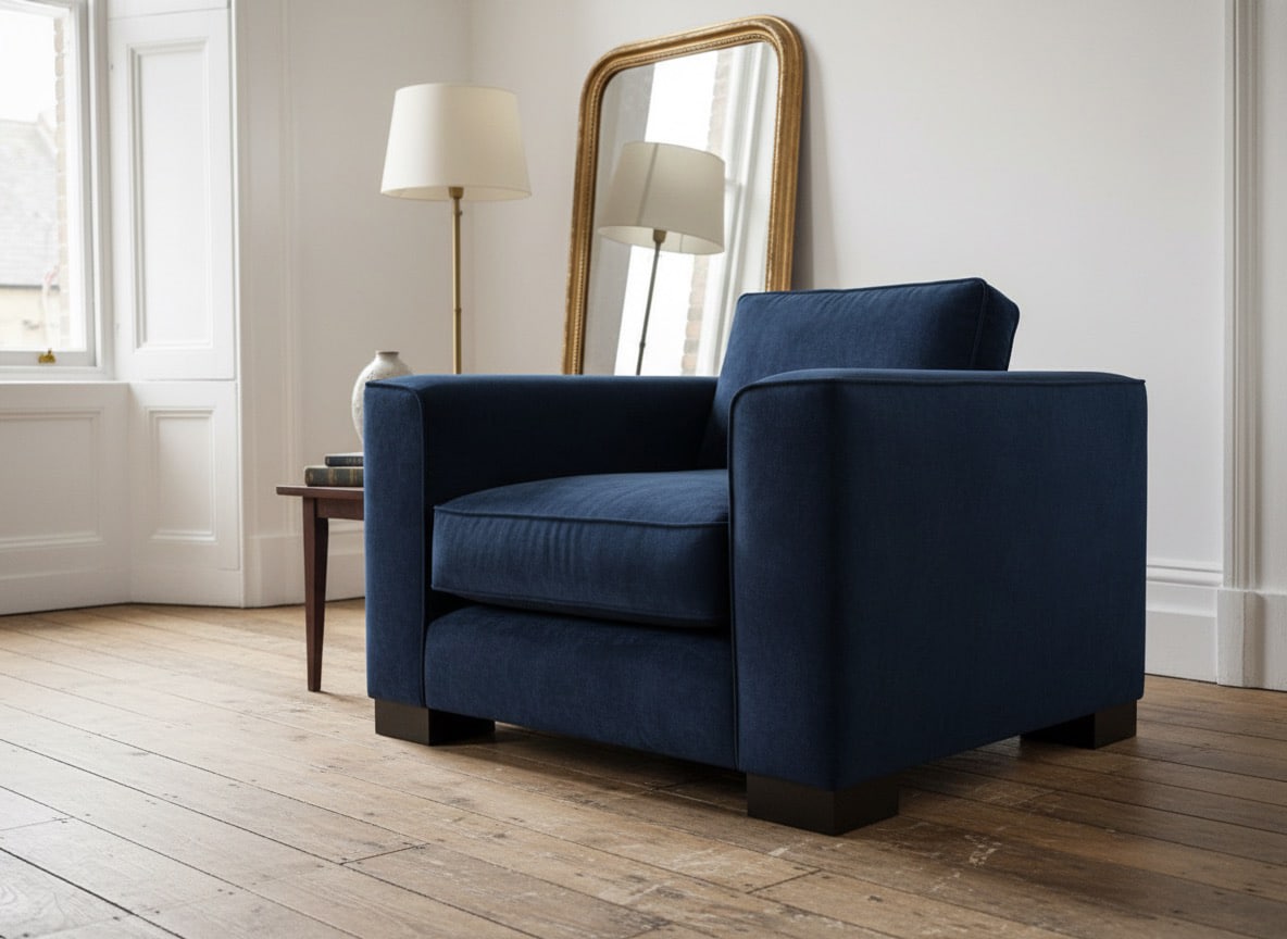 Theodore Chair Bespoke armchair in navy blue velvet in a living room