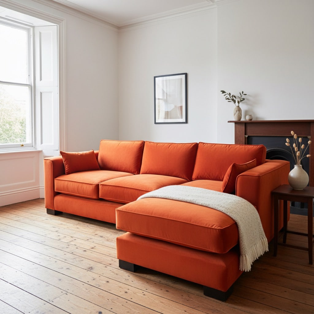 Bespoke orange velvet sofa in living room
