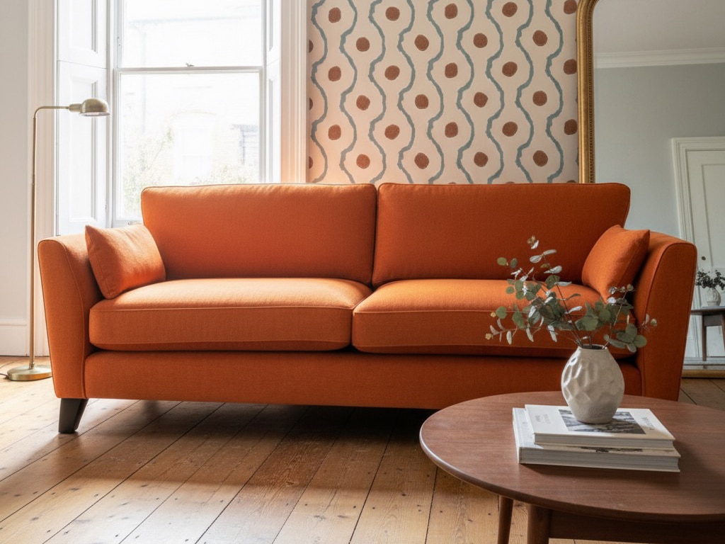 Bespoke orange linen sofa in living room