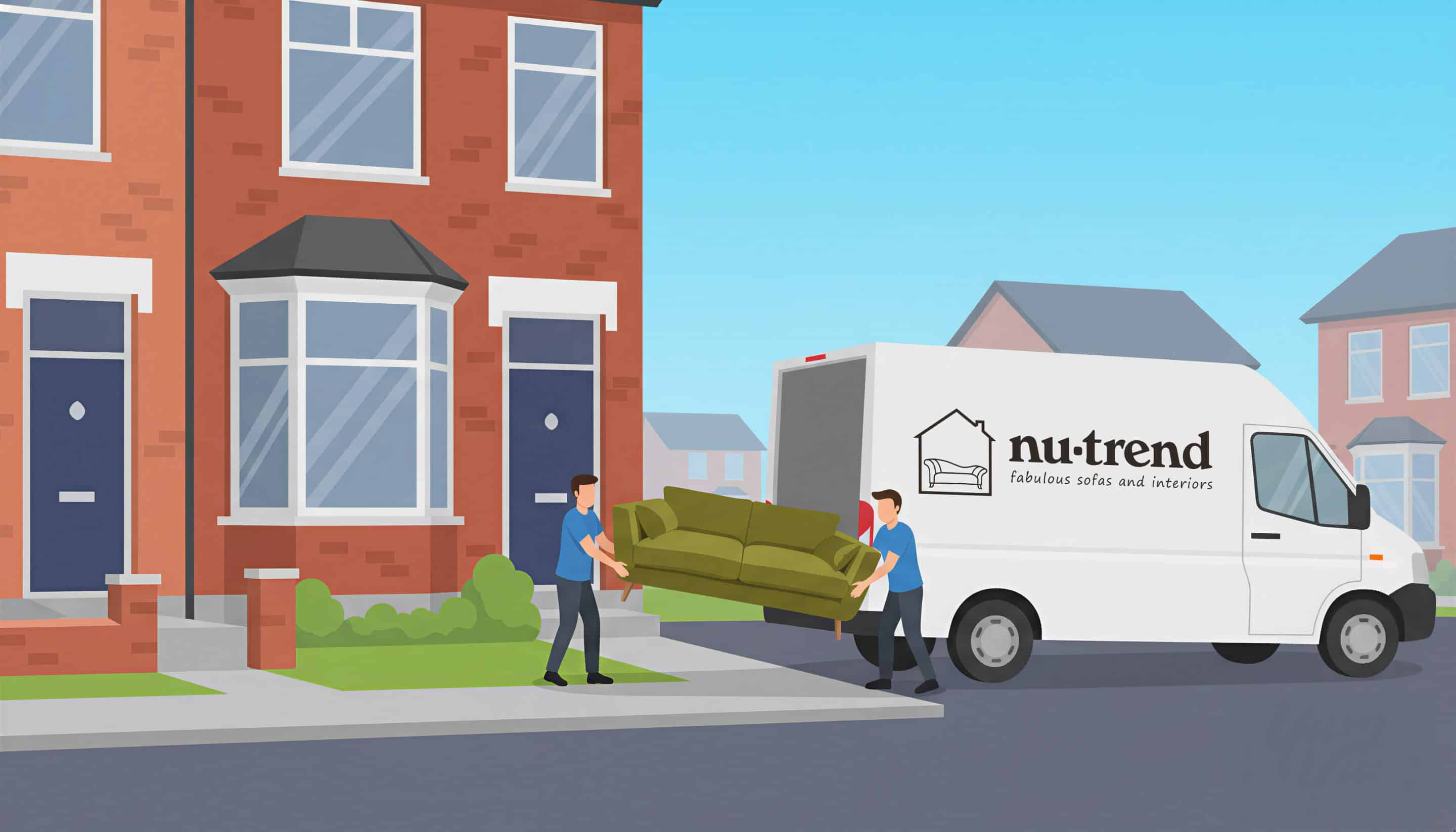 A cartoon illustration of a sofa being delivered to a house