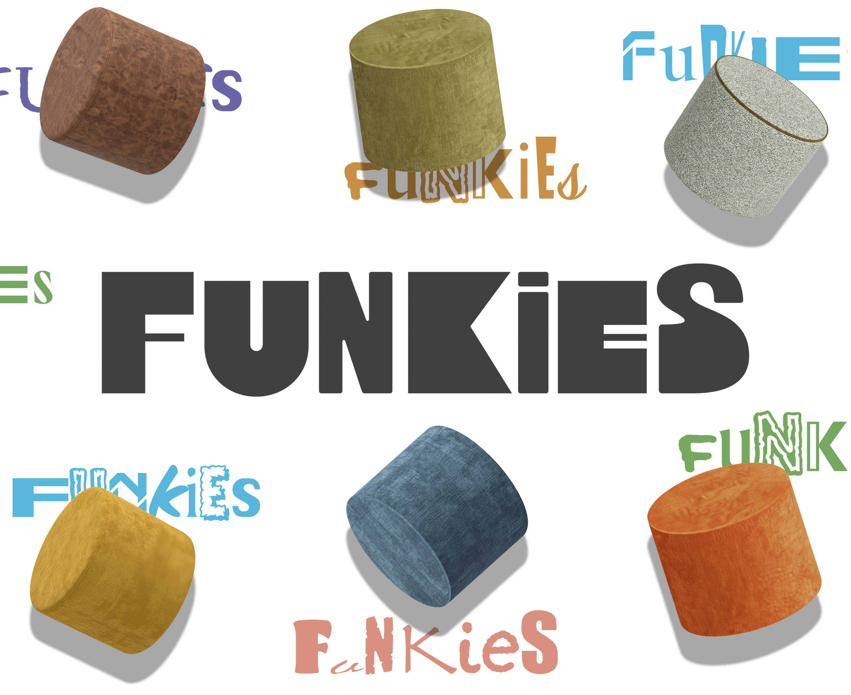 Colourful art of funkies footstools in different colours