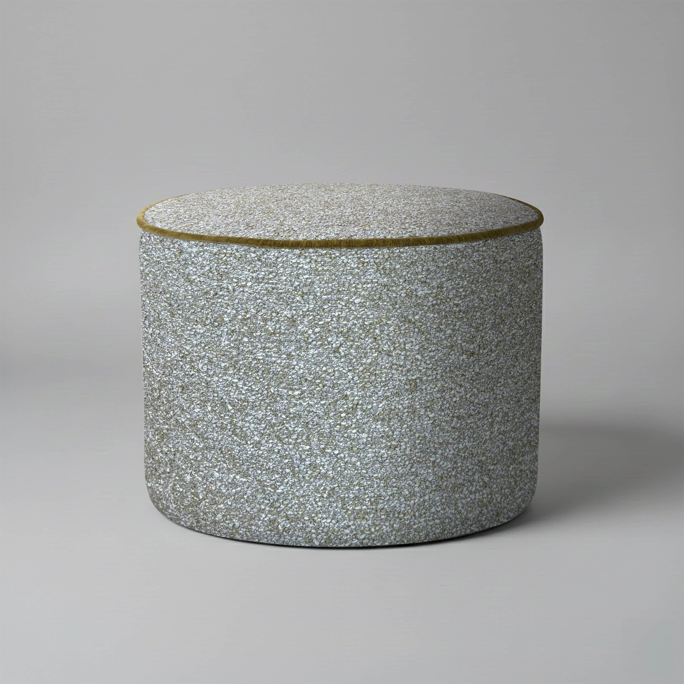 Funky in Green and Grey Boucle Bespoke footstool in green and grey boucle fabric grey background