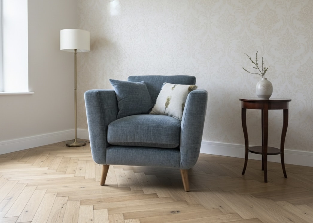 Bespoke blue armchair in living room