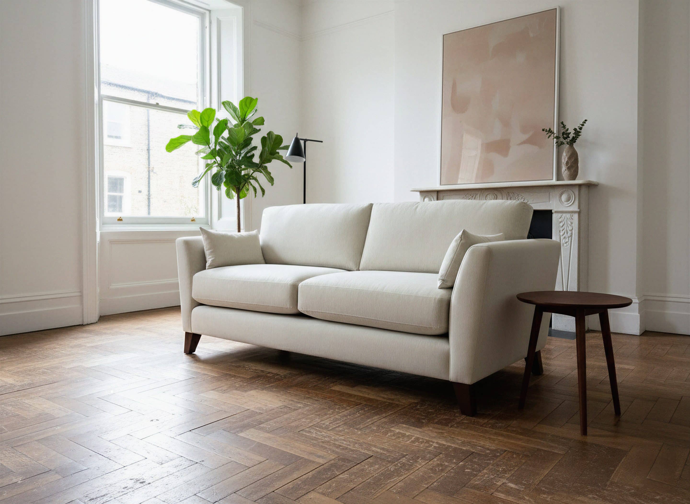 Bespoke creme linen sofa in living room with oak herringbone floor