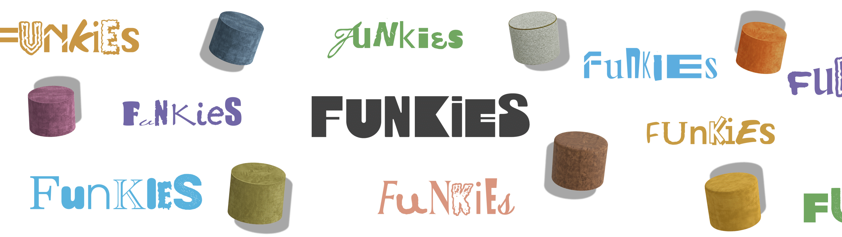 Colourful art of funkies footstools in different colours
