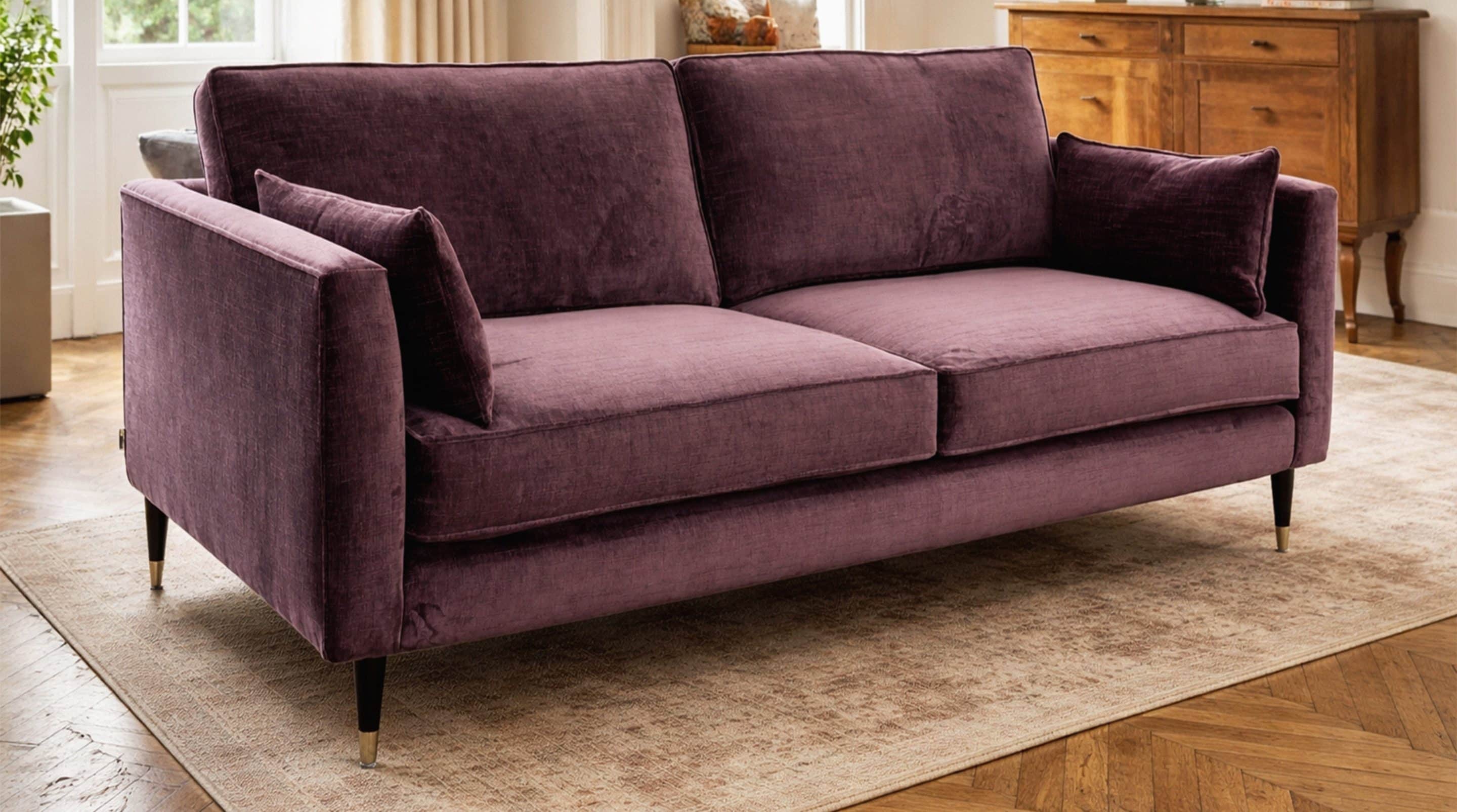 Bespoke aubergine velvet sofa in living room with oak herringbone
