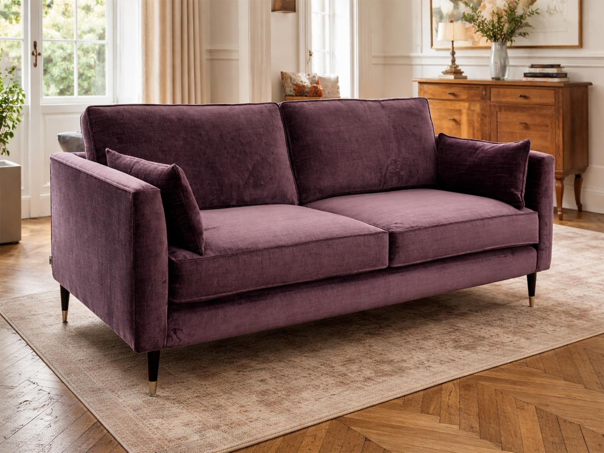 Bardot Sofa Bespoke aubergine velvet sofa in living room with oak herringbone floor
