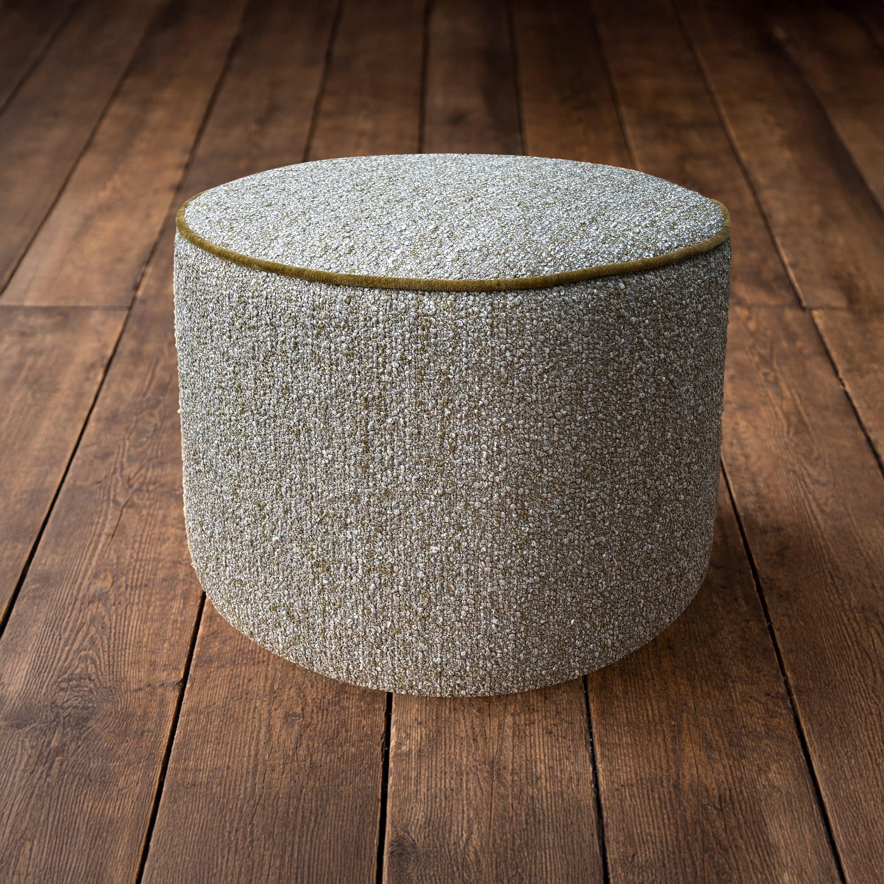 Khaki Boucle Funky Green and grey boucle stool on floorboards