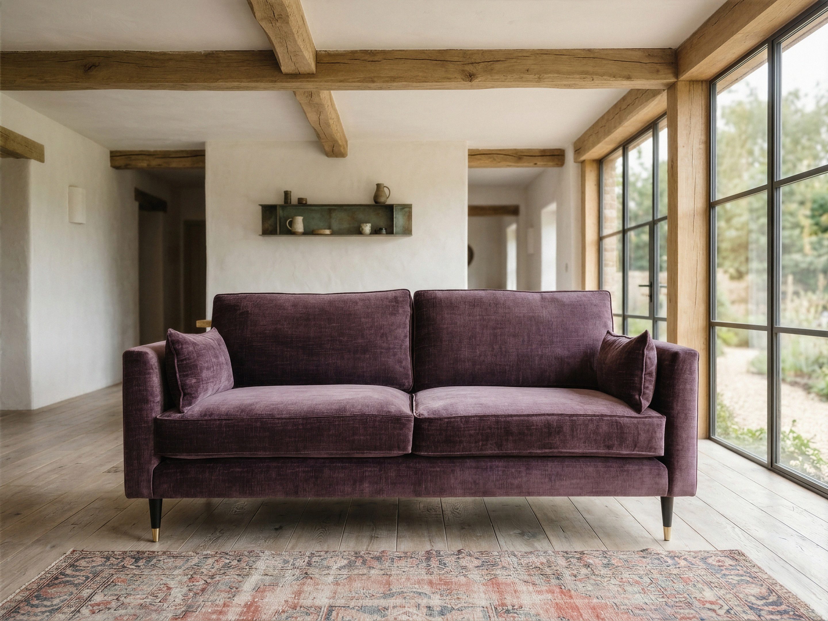 Bespoke aubergine velvet sofa in barn living room during day