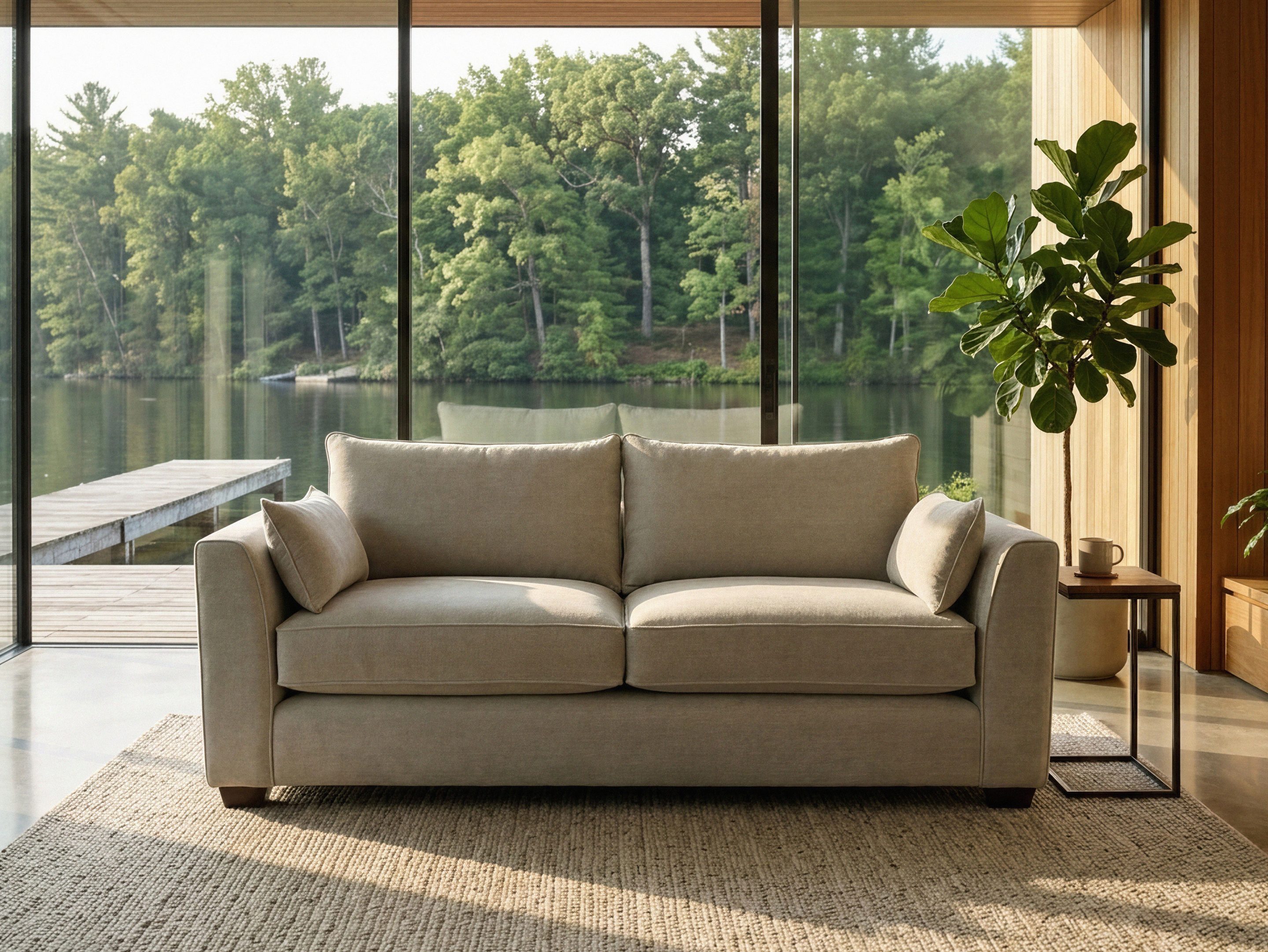 Grey velvet bespoke sofa in living room, with trees in the background and natural daylight beaming in