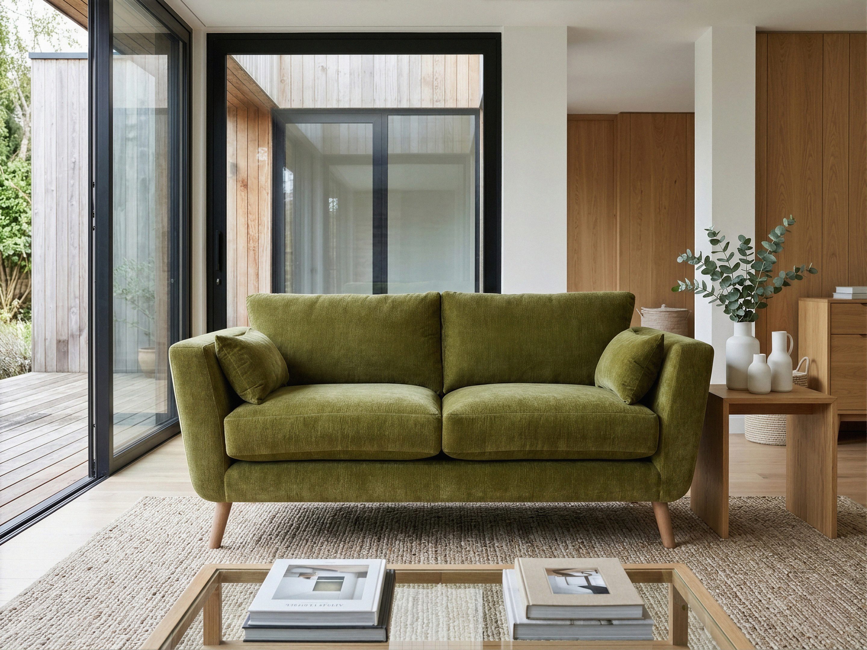Green bespoke velvet sofa in modern living room at daytime