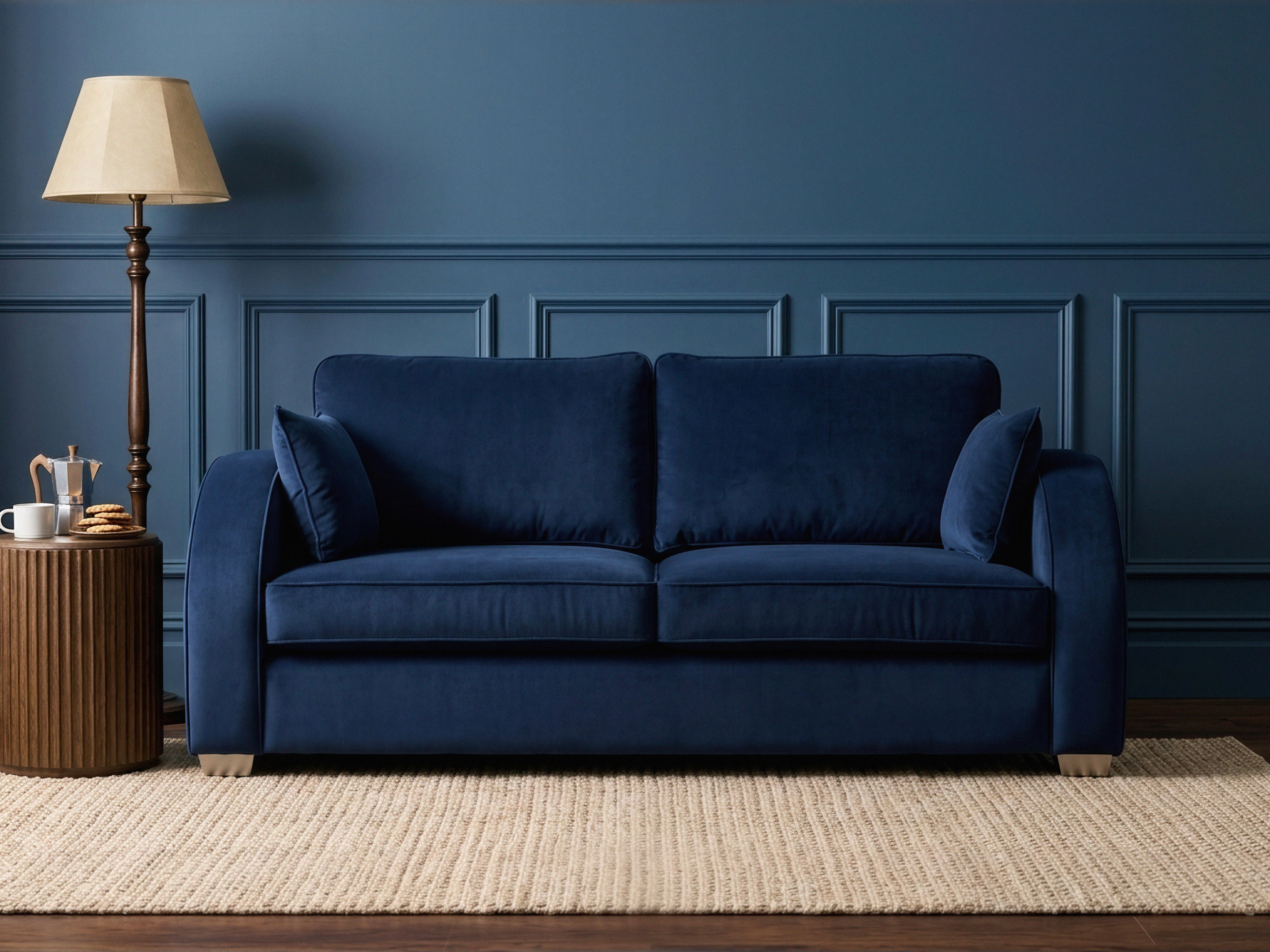 Blue bespoke velvet sofa in living room with dark floorboards, daylight, a lamp to the left