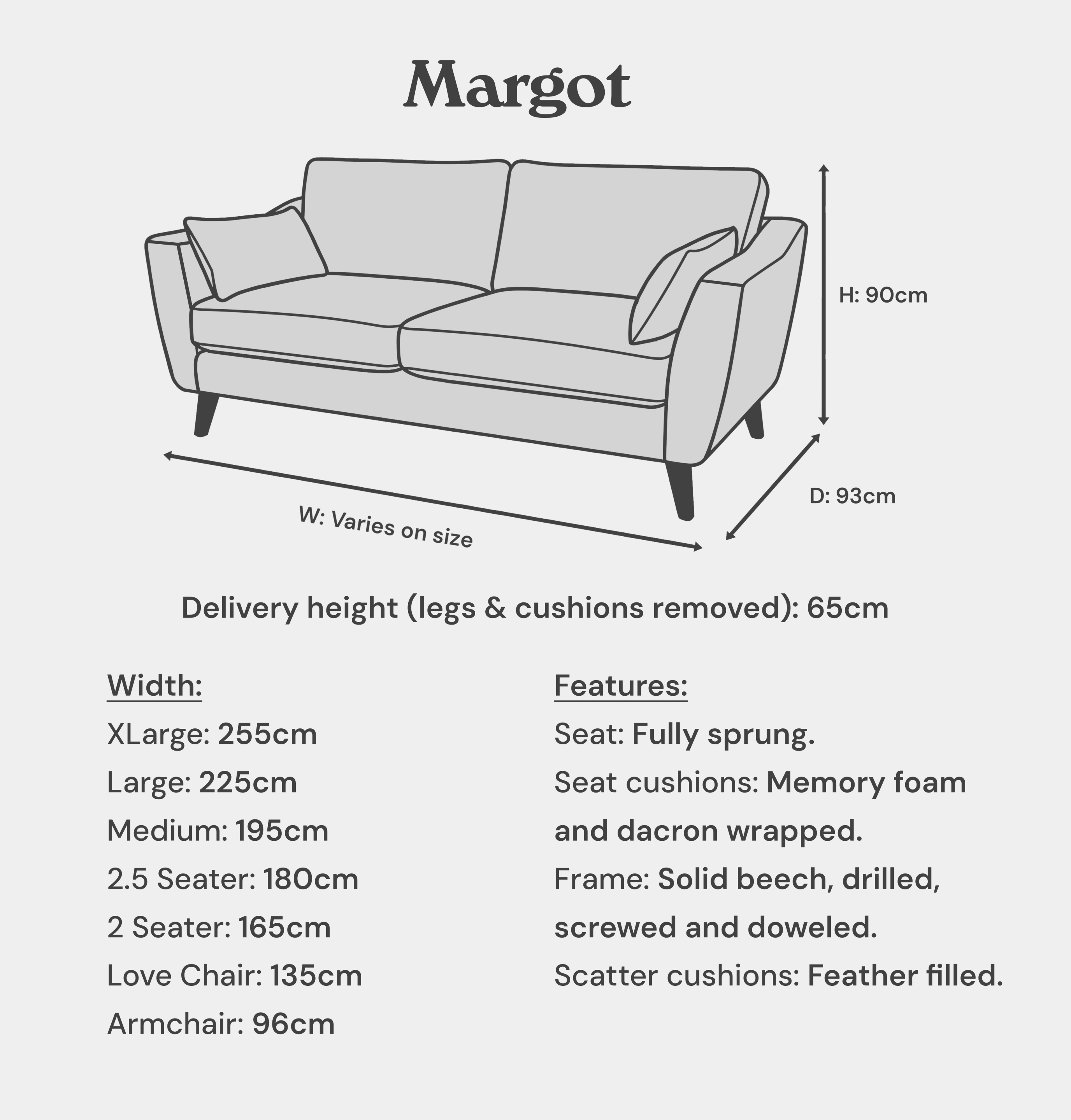 Size illustration for bespoke Margot sofa