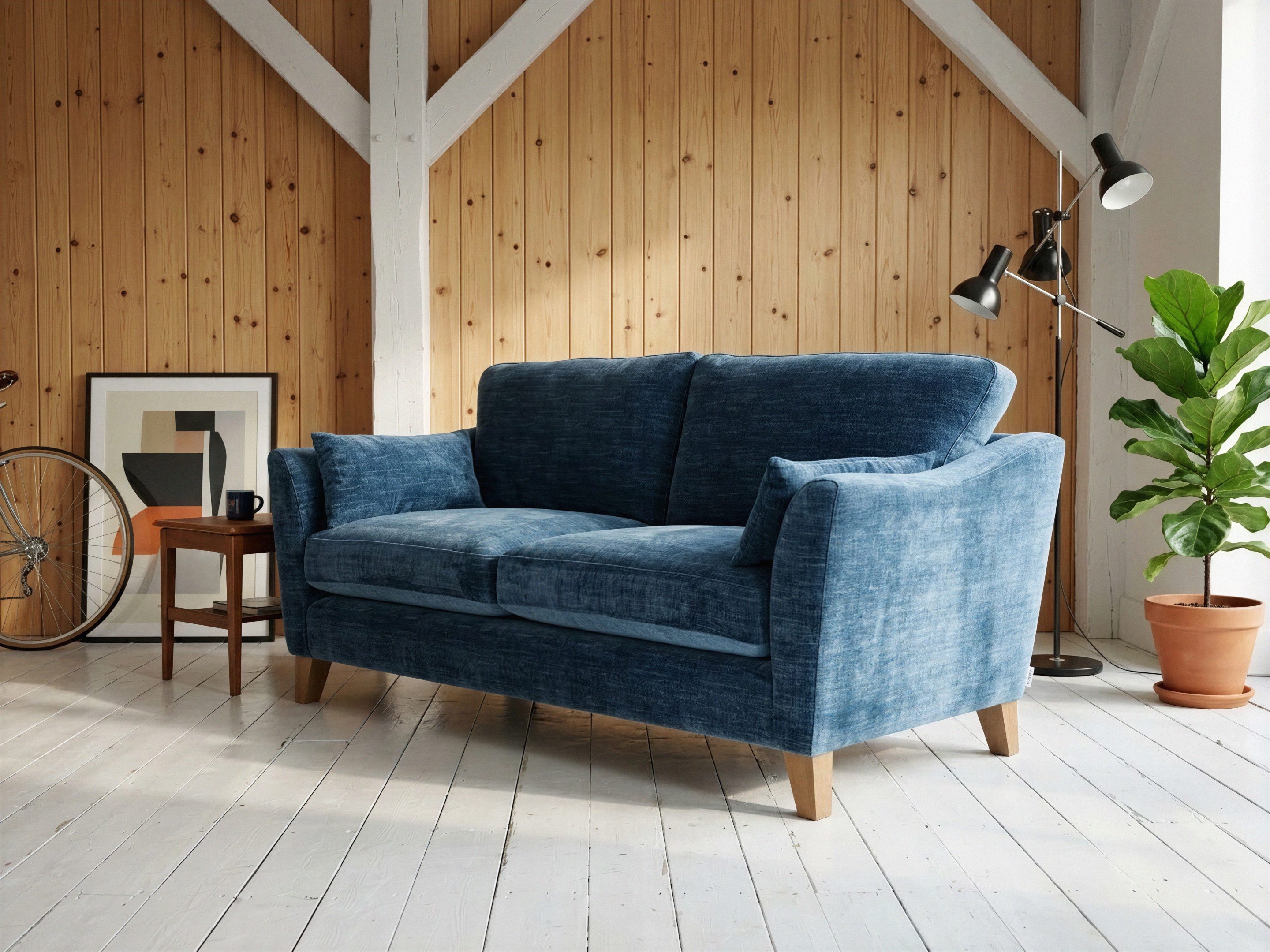 Sienna Sofa Blue bespoke velvet sofa in living room, with wooden panelled walls and white floor