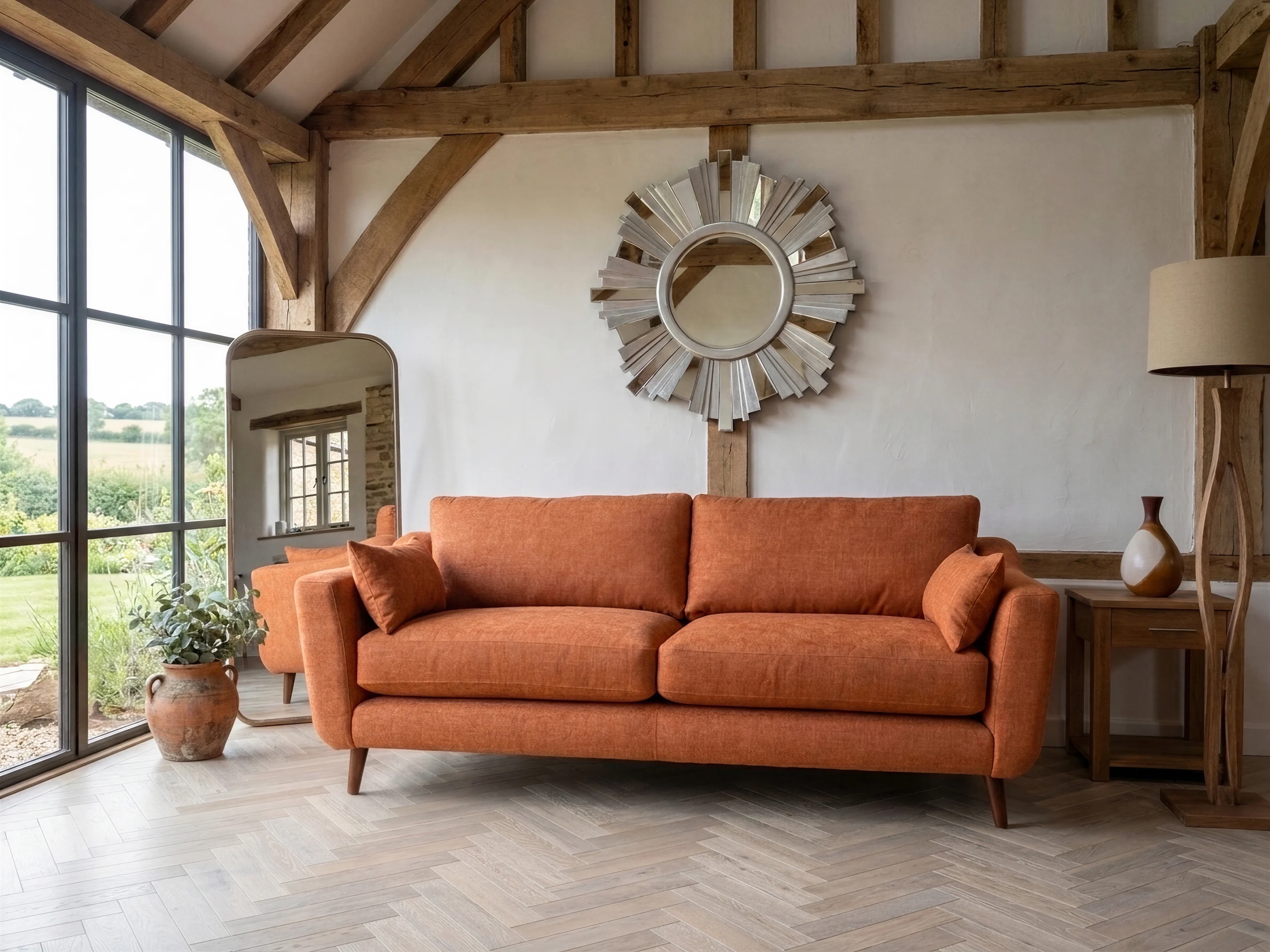 Margot Sofa Bespoke orange linen Margot sofa in barn style living room